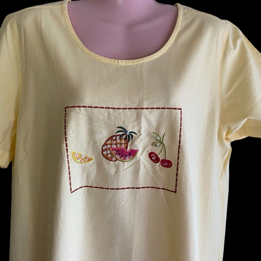 Vtg Jane Ashley Dress Size Large Yellow Fruit Tropical Resort Vacation Beaded - Picture 3 of 7